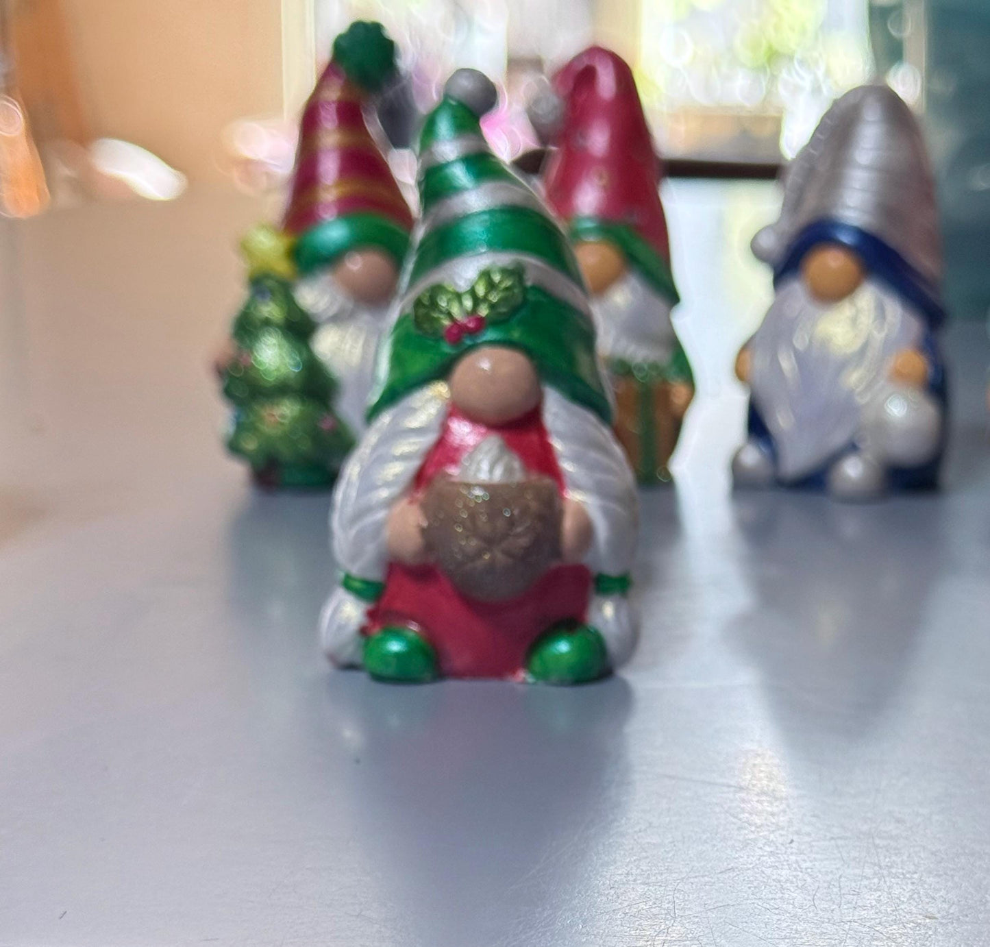Hand Painted Ceramic Christmas Gnome Set of 4, One of a Kind Holiday De, Metallic Shimmer Gnome Figurines, Tiered Tray Decor, Christmas Gift