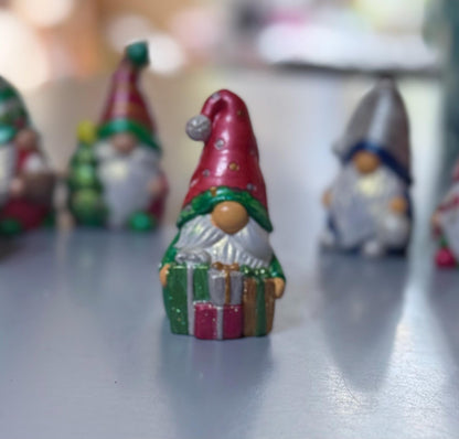 Hand Painted Ceramic Christmas Gnome Set of 4, One of a Kind Holiday De, Metallic Shimmer Gnome Figurines, Tiered Tray Decor, Christmas Gift