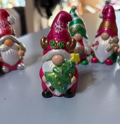 Hand Painted Ceramic Christmas Gnome Set of 4, One of a Kind Holiday De, Metallic Shimmer Gnome Figurines, Tiered Tray Decor, Christmas Gift