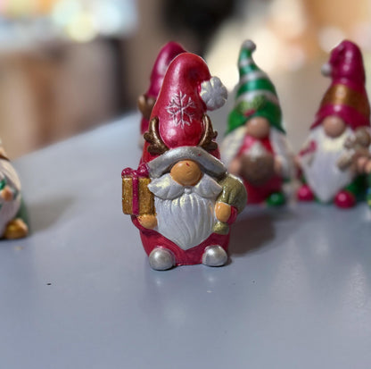 Hand Painted Ceramic Christmas Gnome Set, One of a Kind Holiday Decor, Metallic Shimmer Gnome Figurines, Tiered Tray Decor, Christmas Gift