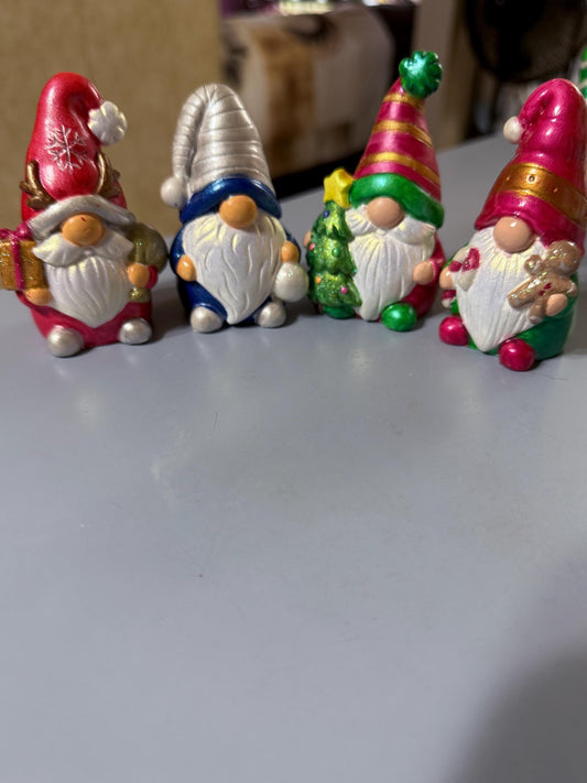 Hand Painted Ceramic Christmas Gnome Set, One of a Kind Holiday Decor, Metallic Shimmer Gnome Figurines, Tiered Tray Decor, Christmas Gift