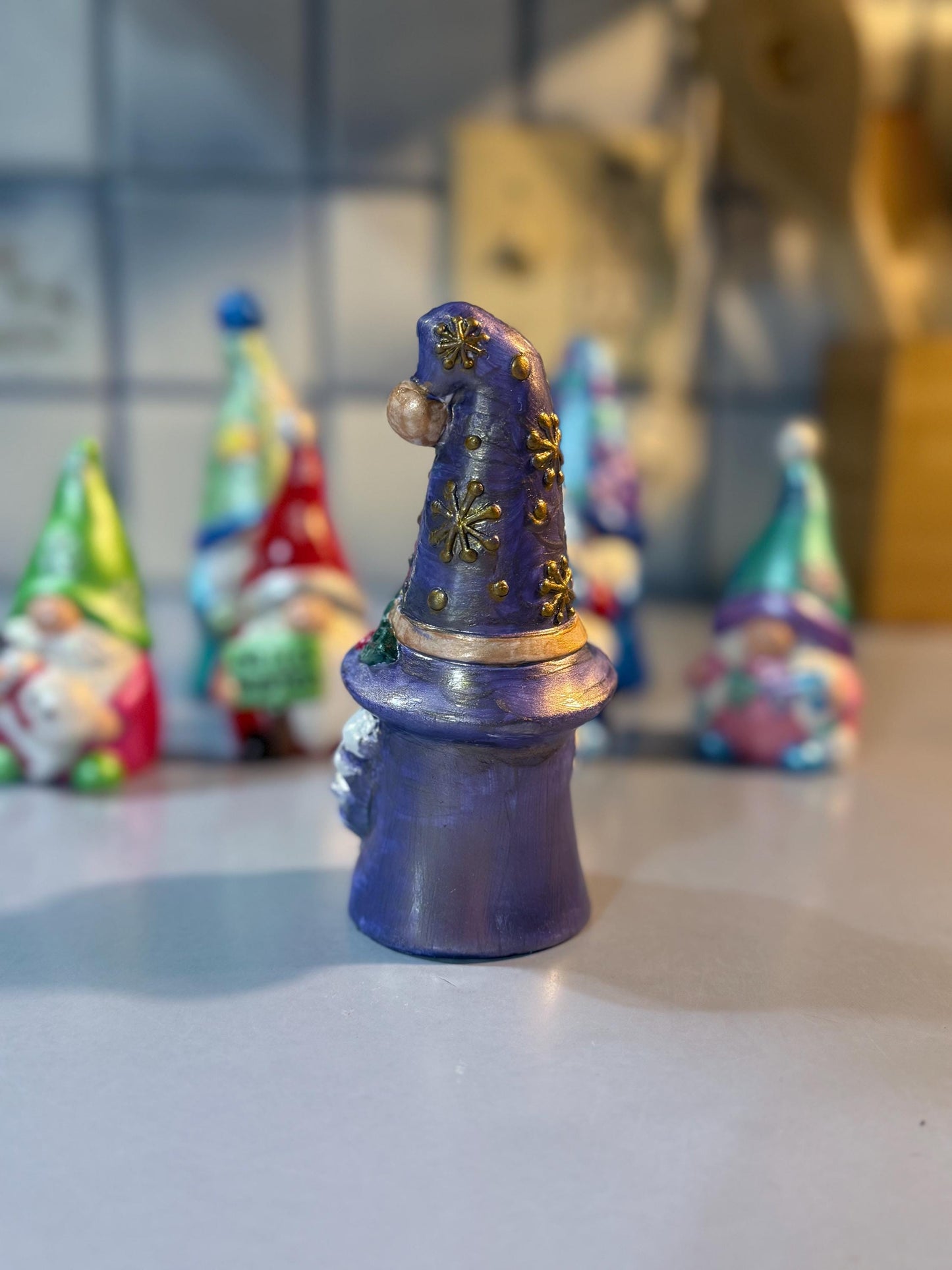 Hand Painted Ceramic Christmas Gnome, Purple Gnome with Gift, One of a Kind Holiday Decor, Tiered Tray Decor, Christmas Gift