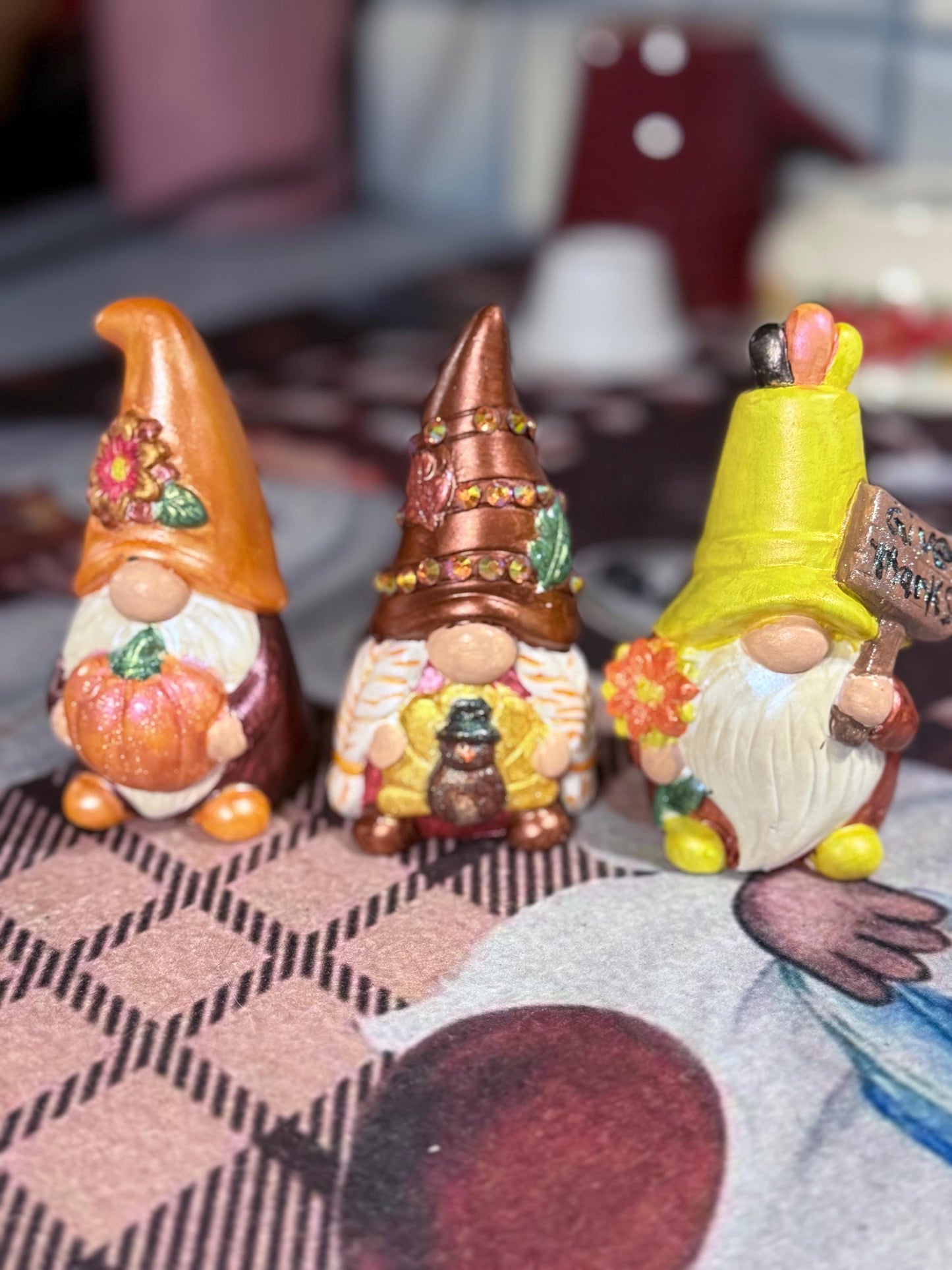 Hand Painted Ceramic Thanksgiving Gnome Set, Autumn Harvest Decor, One of a Kind Gnome Figurines, Fall Tiered Tray Decor, Hostess Gift