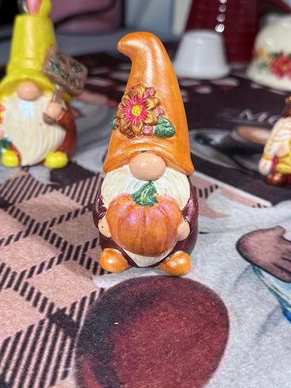 Hand Painted Ceramic Thanksgiving Gnome Set, Autumn Harvest Decor, One of a Kind Gnome Figurines, Fall Tiered Tray Decor, Hostess Gift