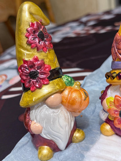 Hand Painted Ceramic Thanksgiving Gnome Set, Fall Harvest Decor, One of a Kind Gnome Figurines, Autumn Tiered Tray Decor, Hostess Gift