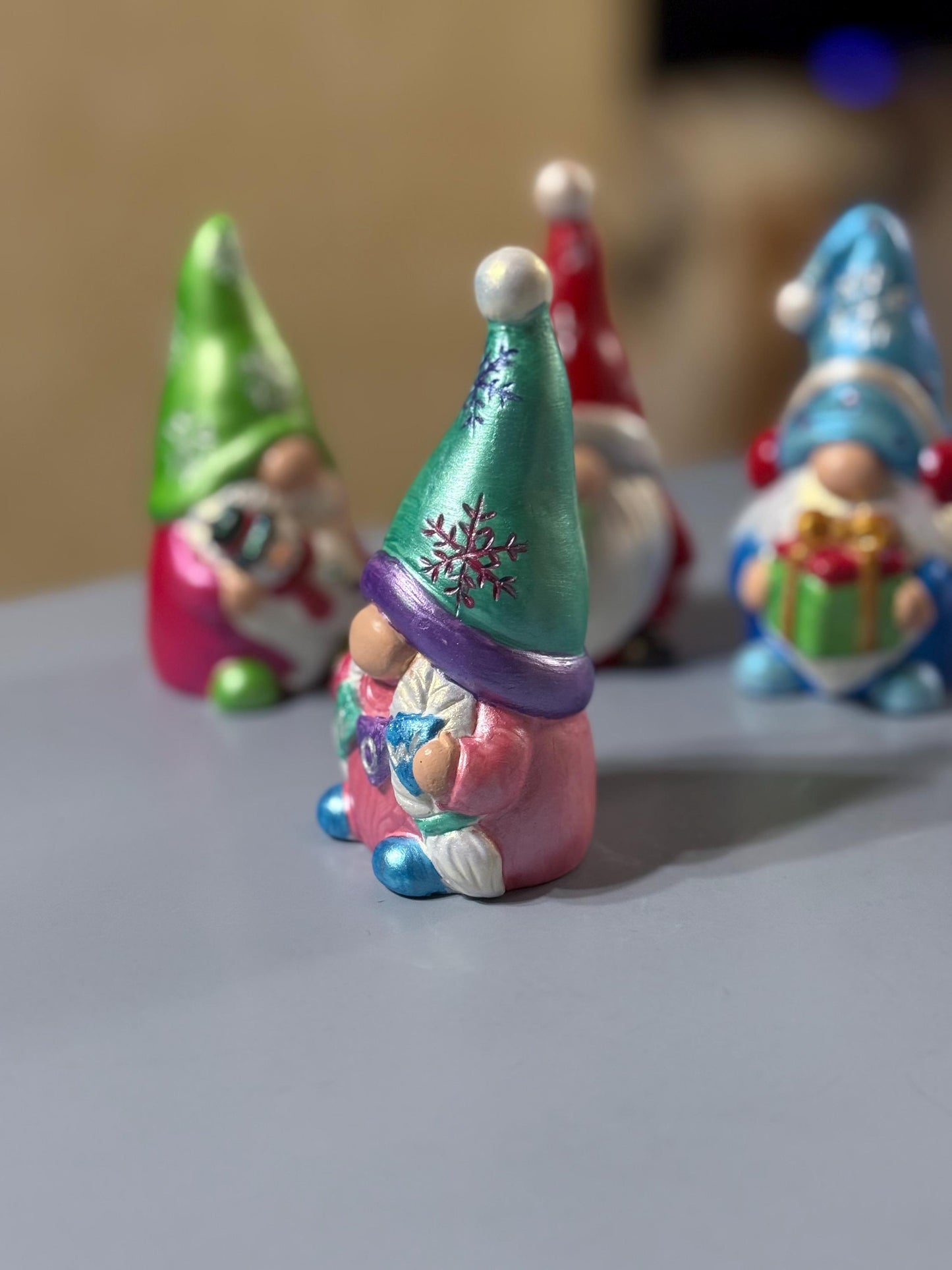 Hand Painted Ceramic Christmas Gnome Set, Winter Snowflake Gnomes, One of a Kind Holiday Decor, Tiered Tray Decor, Christmas Gift