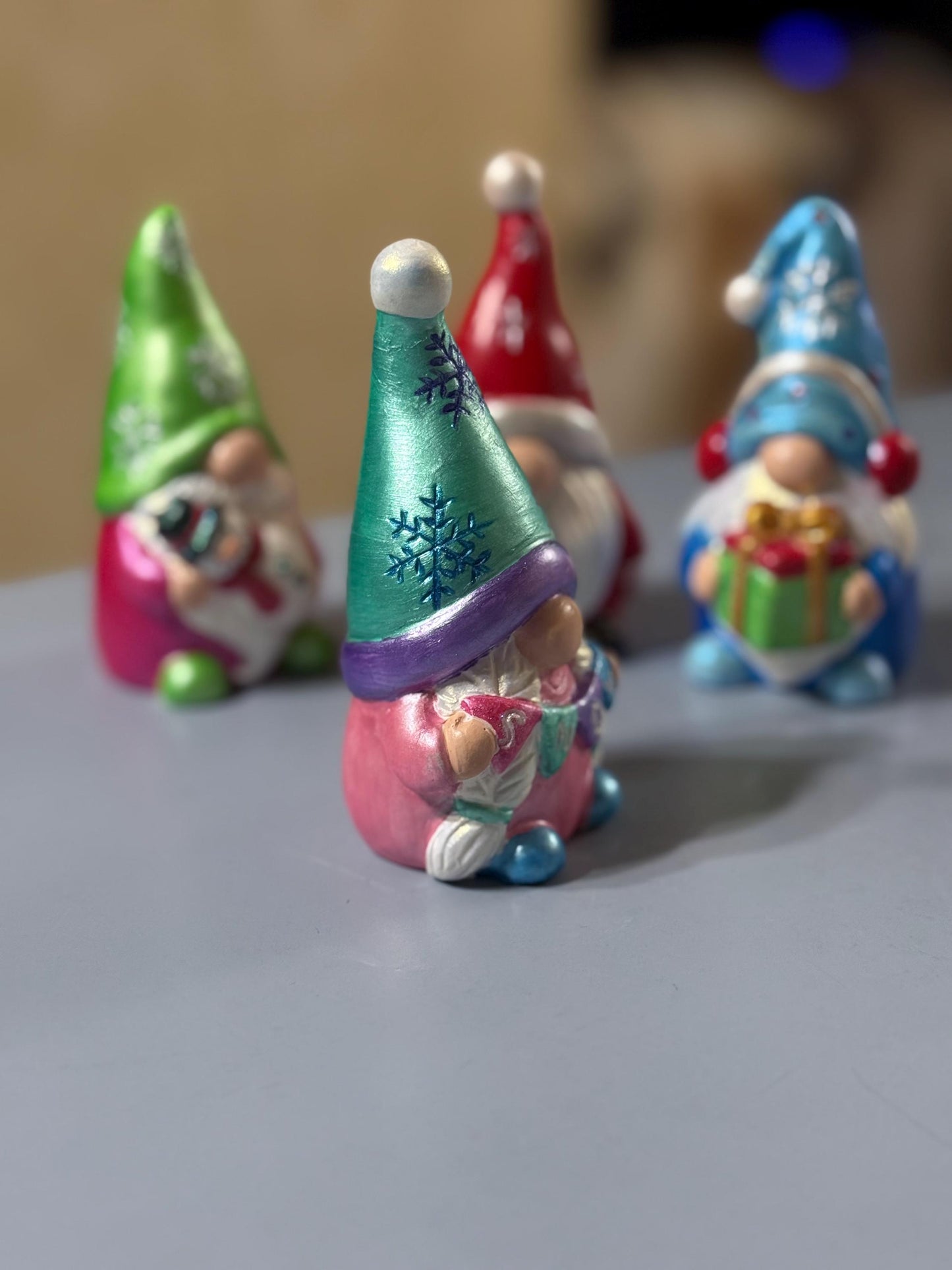 Hand Painted Ceramic Christmas Gnome Set, Winter Snowflake Gnomes, One of a Kind Holiday Decor, Tiered Tray Decor, Christmas Gift