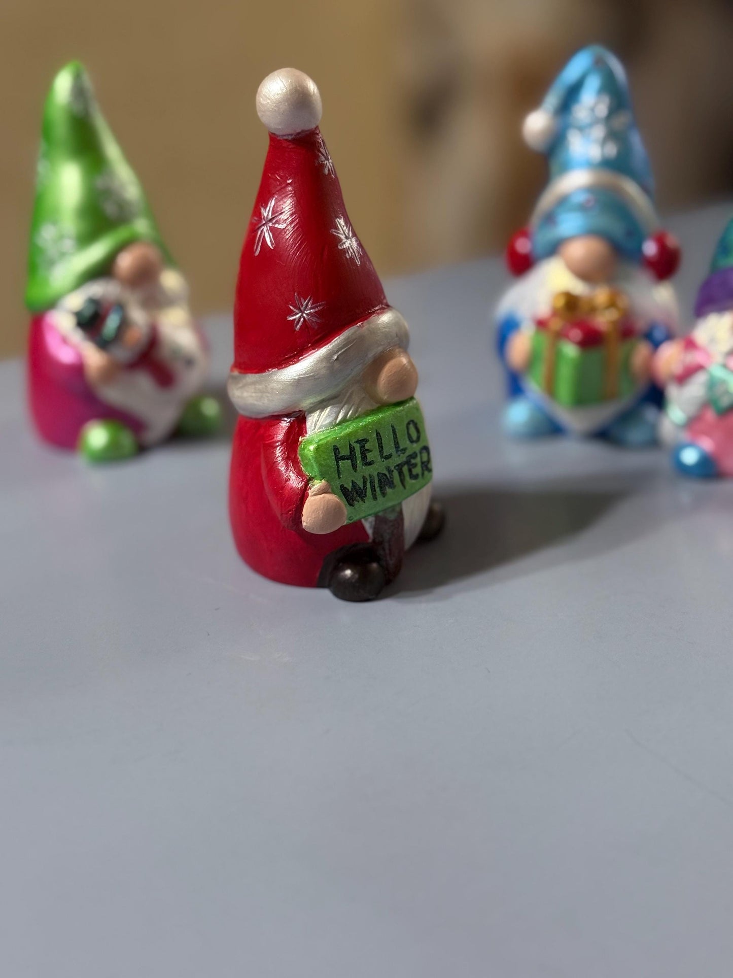Hand Painted Ceramic Christmas Gnome Set, Winter Snowflake Gnomes, One of a Kind Holiday Decor, Tiered Tray Decor, Christmas Gift