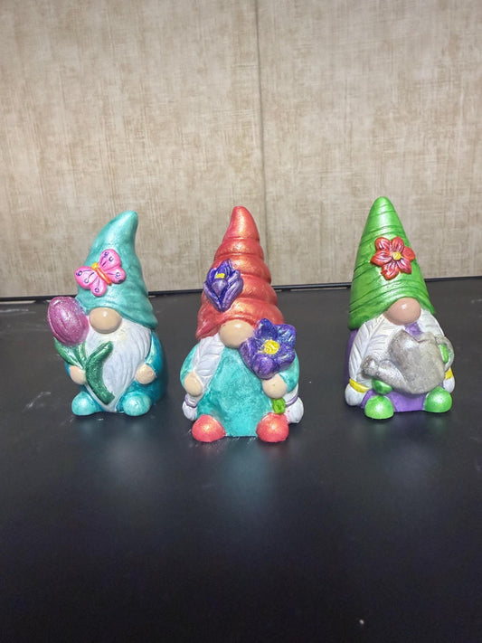 Set of 3 Hand-Painted Mini Gnome Figurines, Whimsical Floral Gnomes with Shimmer Hats, Cottagecore Shelf Decor Gift, 3.1" x 2.0"