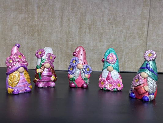 Hand Painted Gnome Set of 5, Ceramic Floral Garden Gnomes, Metallic Iridescent Shimmer, Cottagecore Shelf Decor