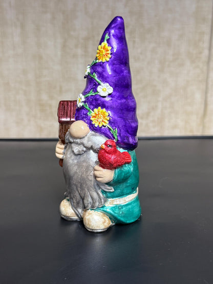 Hand Painted Cardinal Gnome, Ceramic Birdhouse Gnome Figurine, Purple Floral Hat, Whimsical Shelf Decor