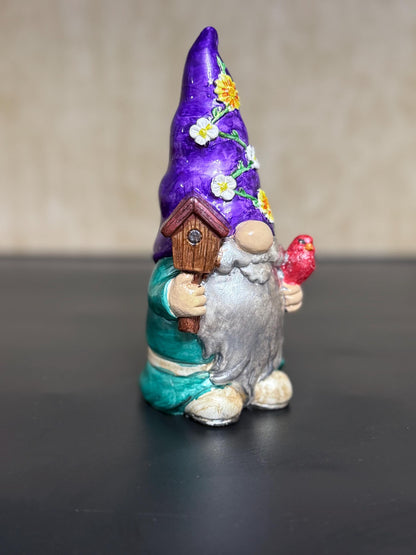 Hand Painted Cardinal Gnome, Ceramic Birdhouse Gnome Figurine, Purple Floral Hat, Whimsical Shelf Decor