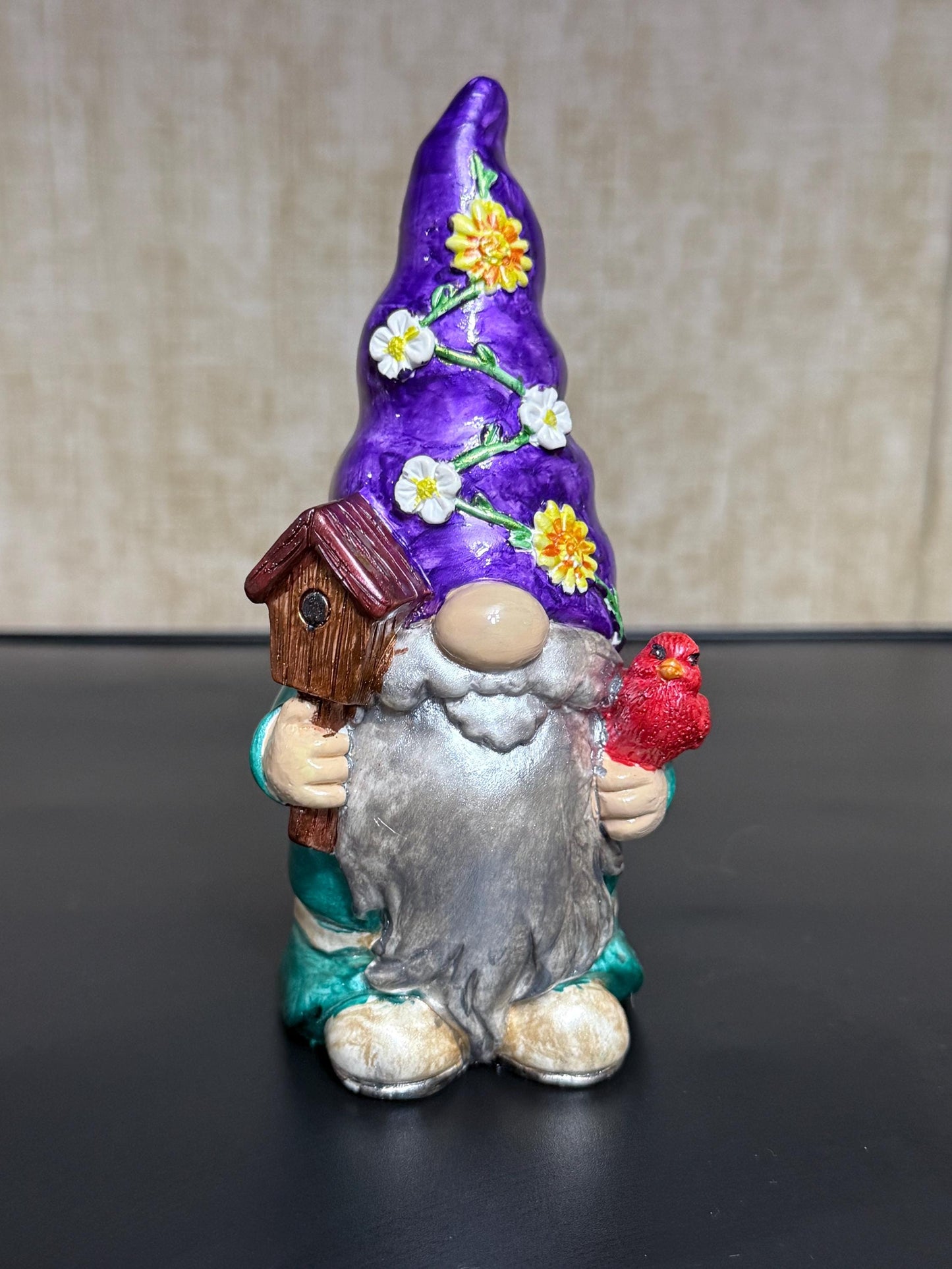 Hand Painted Cardinal Gnome, Ceramic Birdhouse Gnome Figurine, Purple Floral Hat, Whimsical Shelf Decor