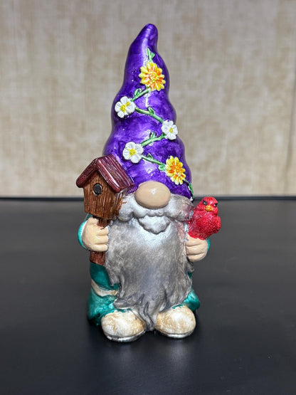 Hand Painted Cardinal Gnome, Ceramic Birdhouse Gnome Figurine, Purple Floral Hat, Whimsical Shelf Decor
