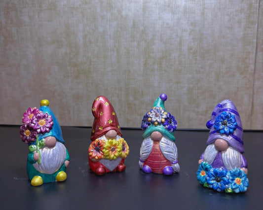 Hand Painted Ceramic Gnome Set of 4, Iridescent Shimmer Flower Gnomes, Whimsical Boho Cottagecore Shelf Decor, Unique Gift