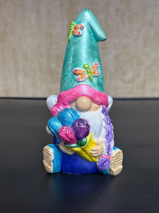 A) Hand Painted Fairy Gnome, Ceramic Bouquet Gnome Figurine, Dragonfly Hat, Iridescent Shimmer, Cottagecore Shelf Decor