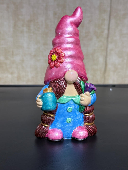 Hand Painted Girl Gnome Figurine, Pink Shimmer Hat, Cottagecore Decor, Fairy Garden Gnome, Whimsical Shelf Decor, Unique Gift